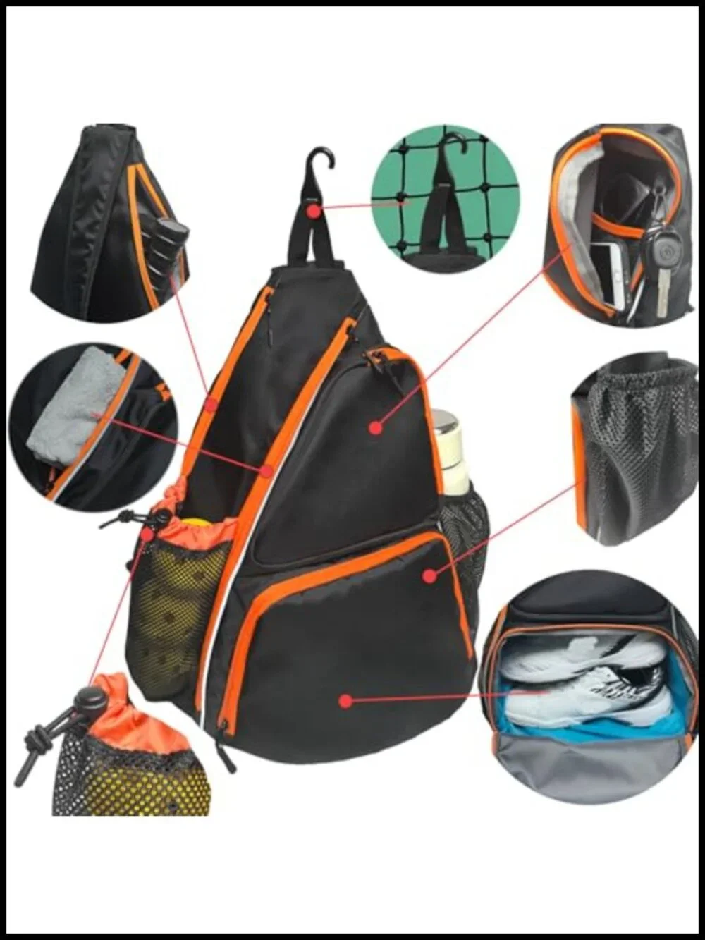 Sling Bag with Shoe Compartment - Crossbody Backpack for Pickleball, Holds 2
